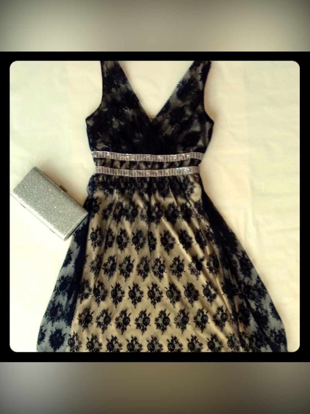 Rabbit Rabbit Rabbit Black Lace Dress with Nude Lining and Silver Metallic Trim